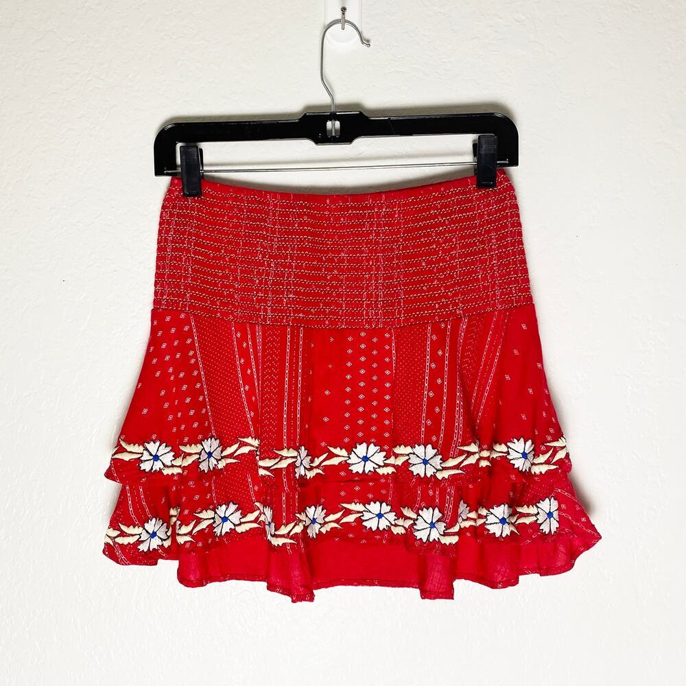 Piper By Townsen‎ Red Mini Tiered Smocked Skirt Floral Embroidery Flowy Flirty